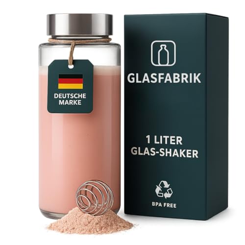 GLASFABRIK® Premium Protein Shaker aus Glas 1 Liter – BPA-frei | Shaker mit Edelstahl Kugel für klumpenfreie Proteinshakes | Geschmacksneutrale Glasflasche aus Glas | Auslaufsicher & nachhaltig
