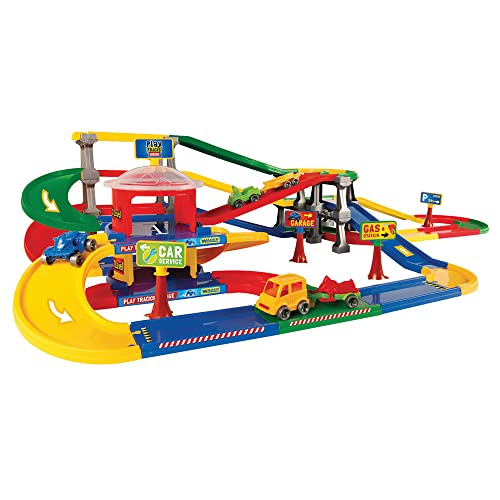 WADER Play Tracks Garage Parkhaus mit Mehreren Etagen, Parkgarage mit 3 Ebenen inkl. 4,6m Spielstraße, 5 Autos Kid Cars, Zubehör und Aufkleber, Bunte Teile, ab 1 Jahren