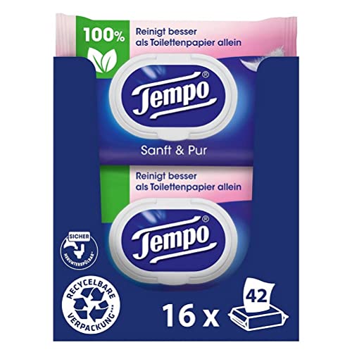 Tempo Feuchte Toilettentücher "Sanft & Pur" - Megapack - 16 Packungen mit je 42 Tüchern - Duo Packs - feuchtes Toilettenpapier, dermatologisch getestet und pH-hautneutral