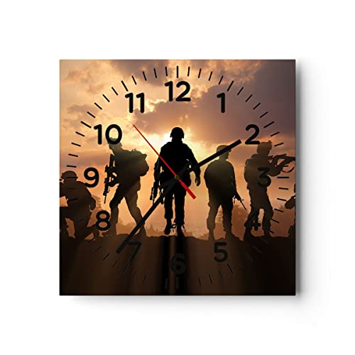 Modern Wanduhr Armee Waffen Sonne Militär 40x40cm Quadrat Groß Wand Uhr Glas Analog Zimmeruhren Küche Büro Wohnzimmer Glasuhr Wall Clock Dekoration Design Wanddekoration Küchenuhr C4AC40x40-2962