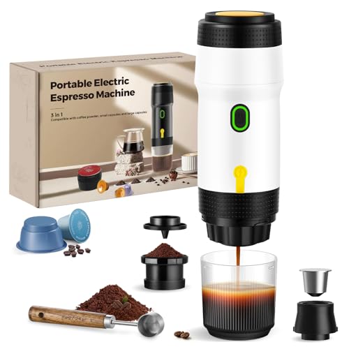 ICARE 3-in-1 Tragbarer Espressomaschine, 20BAR Druck, 92°C Heißextraktion, 7500mAh, USB/Auto-Ladung, Kaffeemaschine Kompatibel mit Kapseln und Kaffeepulver, Weiß