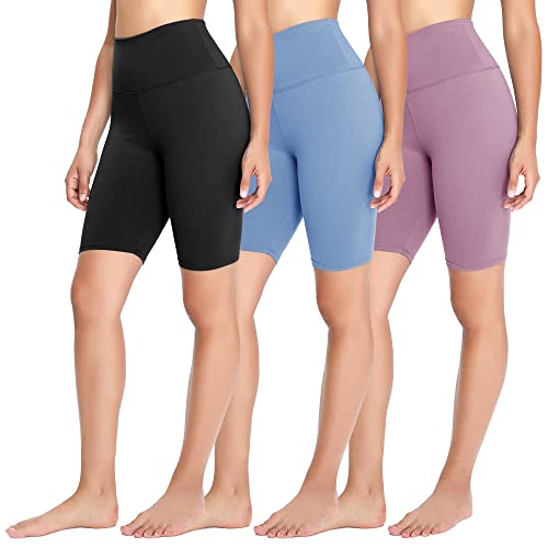 FOTOCITI 3er Pack Radlerhose Damen High Waist Kurze Sporthose Elastisch Shorts Sommer Leggings Hosen für Sport Yoga Gym(04#Schwarz+Hellblau+Helllila, L-XL)