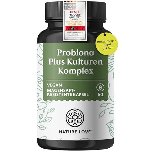 NATURE LOVE® Probiona PLUS - 120 Mrd KBE je Tagesdosis (hochdosiert) - 20 Bakterienstämme + Bio Inulin - 60 magensaftresistente Kapseln - Vegan, in Deutschland produziert