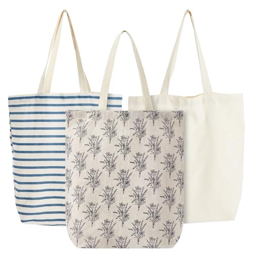 Juvale Einkaufsbeutel aus Baumwolle (Set, 3 Stück) – Robuste Tragetaschen mit Henkeln – 3 Verschiedene Designs – Stoffbeutel für Einkäufe, Transport - 38 x 40 x 10 cm - AUSVERKAUF