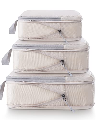 Meowoo 3-teiliges Kompressions-Packwürfel Set - Compression Packing Cubes - Wasserdichter Kofferorganizer mit Reißverschluss (XL, L, M) - Platzsparend für Handgepäck & Koffer (Beige)