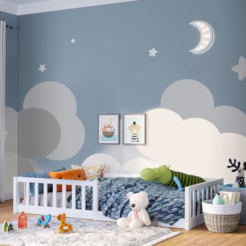 Bellabino Vere Bodenbett 90x200 cm – Montessori Kinderbett mit Rausfallschutz & Lattenrost – Massives Kinder Bett für Jungen & Mädchen aus Holz Kiefer – Kleinkindbett in Weiß