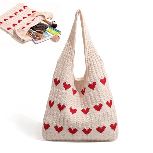 Lunyloer Gestrickte UmhäNgetasche, 38×35cm Gestrickte Tasche, HäKeltasche Tote Bag, HerzföRmige Strandtasche Schultertasche Gewebte Tasche Crochet Bag für Teenager Und MäDchen HerzföRmige Mode