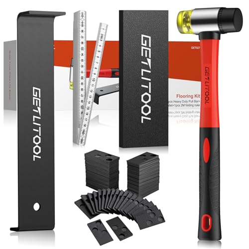 GETLITOOL Laminat Verlegeset, 64x Vinyl Verlegeset mit 60x Abstandkeile, 1x Zugeisen, 1x Schlagklotz,1x Hammer, 1x Zollstock bequem und effizient Laminatboden-Nivellierset
