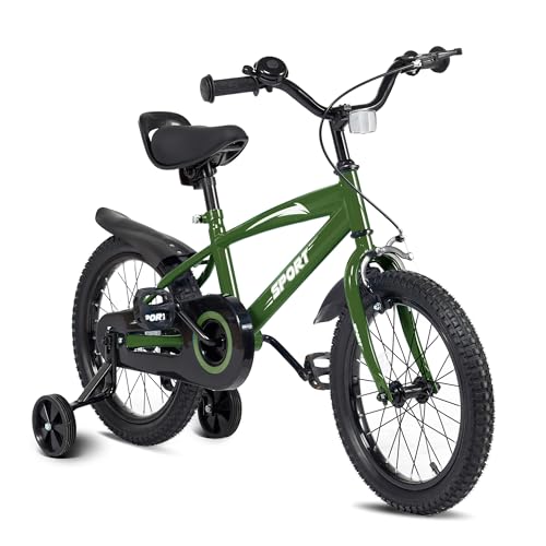 BODIOO Kinderfahrrad 14 Zoll, Fahrrad für Jungen und Mädchen mit Stützrädern, stabilem Rahmen, verstellbarem Sitz, Handbremse und Rücktrittbremse, geeignet für Fahrer von 94 bis 107 cm (Grün)