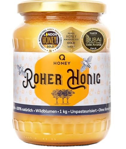 Q Honey Roher Honig – Natürlicher, Wilder, ungefilterter Imker Honig aus Litauen, Gewinner der London International Honey Quality Competition 2025, 1 kg