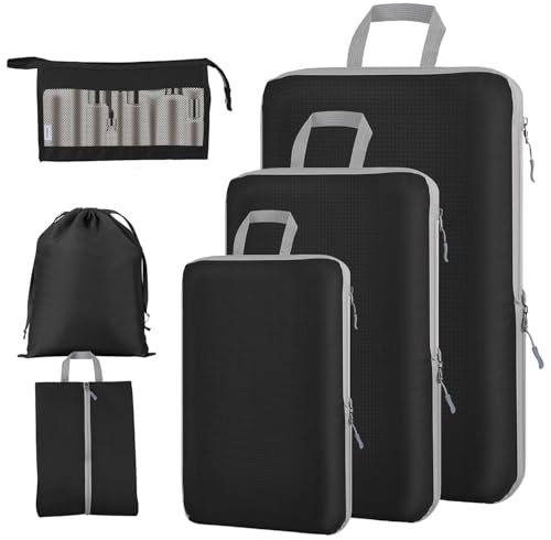 GEEDIAR Kompression Koffer Organizer Set, 6PCS Packing Cubes für Rucksack, Compression Packwürfel Kofferorganizer, Ultraleicht Wasserdicht Kleidertaschen Reiseorganizer für Kleidung