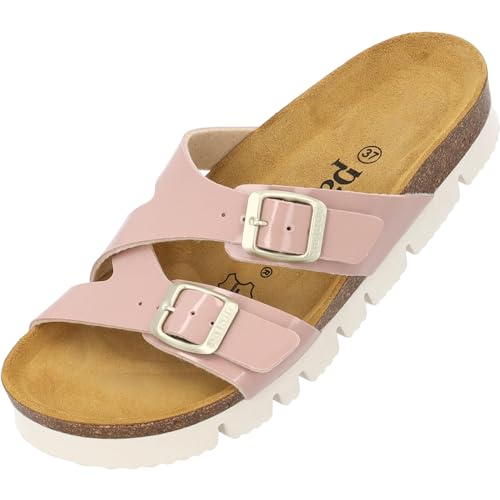 Palado Damen Pantoletten Arrila Plateau-Sandalen 2 Riemen Hausschuhe mit Natur Kork-Fussbett - bequeme Schuhe mit Sohle aus feinstem Velourleder Rosa Lack UK7 - EU40