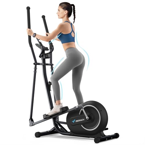 MERACH Elliptical Trainer für Zuhause, Ultraleise Crosstrainer mit 16-stufiger Magnetwiderstand, Kardio Ellipsentrainer mit Pulssensor, LCD-Monitor, Tablet-Ständer, Leicht zu bewegen, bis zu 120KG