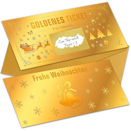 WenmthG Goldenes Ticket Weihnachts Geschenk - Gutschein zum selber ausfüllen mit Rubbelaufkleber - Weihnachtsgeschenke für Frauen - Weihnachtskarte mit Umschlag set - Frohe Weihnachten