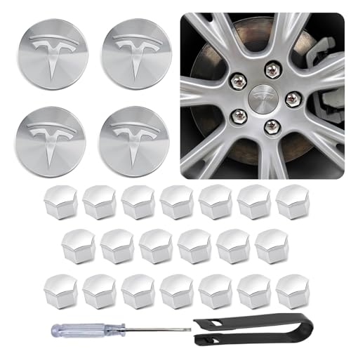Radkappen Set für Tesla Model 3 / Model Y (Silber), 4 Nabenkappen + 20 Radmutterkappen