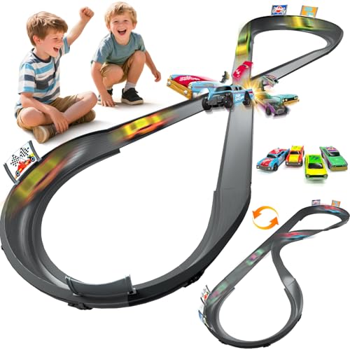 VATOS Hohe Geschwindigkeit Slot Crash Schiene Rennfahrerset für Kinder, 4 wiederaufladbare Rennwagen, 2 Akkumulator Ladegeräte, 2 in 1 DIY Rennbahn Sets für Jungen Mädchen 3 4 5 6 7 8 9 10 Jahre alt