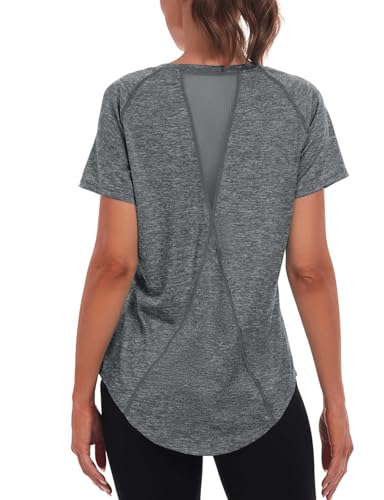 Jlowesun Sportshirt Damen Kurzarm, Leichtes Atmungsaktiv Funktions Back Mesh Sport Oberteile Damen, Rundhals Sport Top Damen Passend für Fitness Laufshirt Yoga XXXL