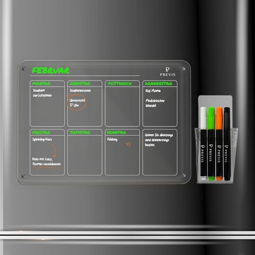 PREVIS Wochenplaner Abwischbar Acryl Magnetisch für Kühlschrank A4 (21X29,7CM)mit 4 Boardmarkern- Weekly Planner Kühlschrank Acryl - Magnetic Calendar for Fridge Transparent- Familienplaner Abwischbar