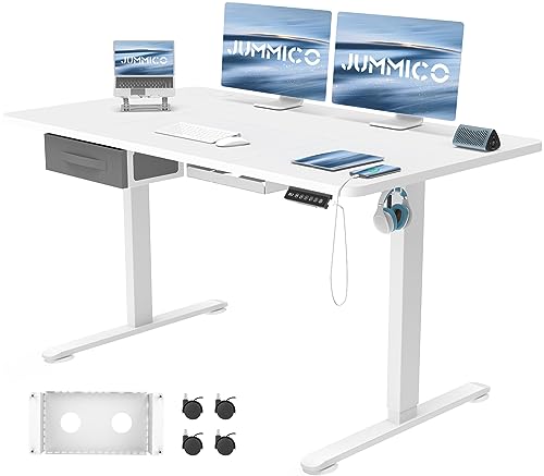 JUMMICO Höhenverstellbarer Schreibtisch 140x70 cm mit Schubladen, Schreibtisch Höhenverstellbar Elektrisch mit USB-Buchse und Kabelwanne,Steh-Sitztisch Stehpult mit Rollen (Weiß)