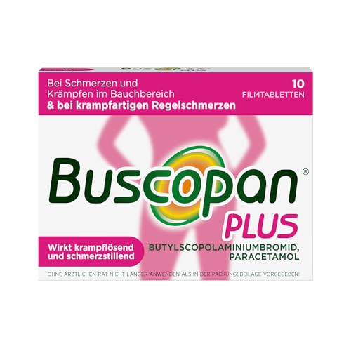 Buscopan PLUS Filmtabletten 10 Stk. Bei Regelschmerzen. Auch bei stärken Beschwerden. Zweifach Wirkung: krampflösend und schmerzstillend. Wirkbeginn innerhalb 15 Minuten