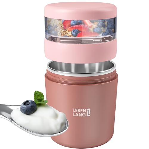 LEBENLANG Müslibecher To Go mit Löffel - Isolierende Edelstahlinnenwand & 650ml I Müslibecher Müsli to go Joghurtbecher to go Becher für Joghurt Porridge Yoghurt Kinder & Erwachsene Unterwegs