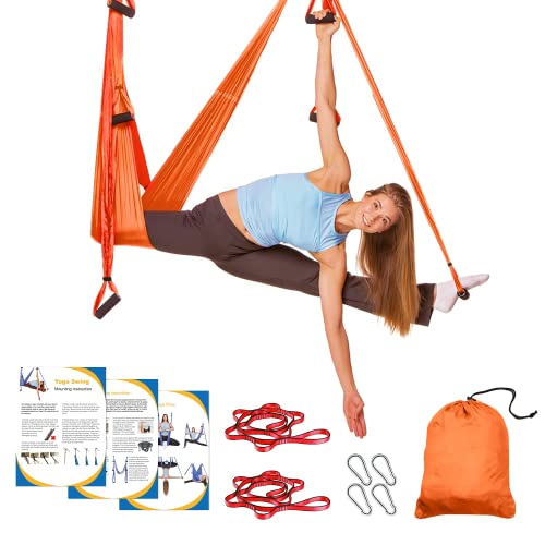 Sotech Aerial Yoga Schaukel Yoga Hängematte Set mit Tragetasche und Verlängerungsgurten, Trapez Sling für Home Gym Anti-Schwerkraft Inversion Pilate Fitness, bis 300KG belastbar, Orange/Rot