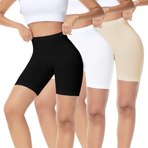 IceReco 3er Pack Radlerhose Damen Kurz für Kleid Shorts Sommer Kurze Boxershorts Leggings Sporthose Schwarz Weiß Beige Hautfarbene Blickdicht Laufhose Reibungslos Biker Fahrradhose Fahrrad XL