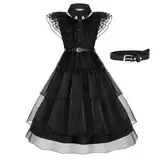 WERFORU Mädchen Kleider 4-13 Jahre Wednesd Adam Kostüm Damen Schwarz Gothic Kleid für Party，Halloween, Karneval