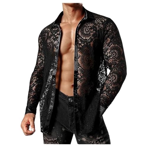 Duohropke Herren Langarmshirt Transparent Netzhemd Mesh Top Netz Shirt Hemd mit Knöpfen Sexy Erotik Unterwäsche Clubwear