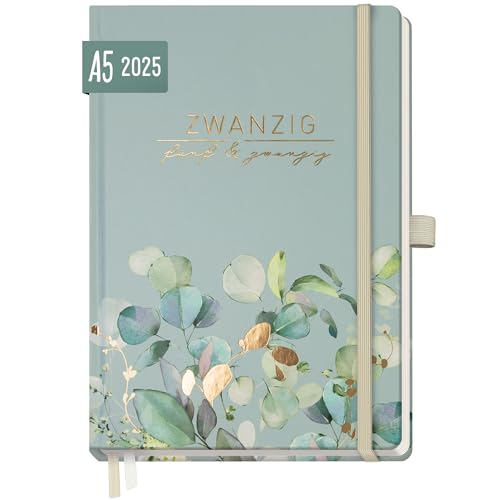 Häfft® Wochen-Notiz-Kalender 2025 A5 "Minty Leaves" Buchkalender, Terminplaner Notiz-Timer, Wochenkalender, Organizer, Terminkalender mit Einstecktasche - nachhaltig & klimafreundlich