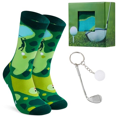 CityComfort Golf Geschenk für Männer, Lustige Socken mit Golfschläger & Golf Ball Schlüsselanhänger, Golf Zubehör