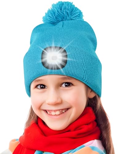 Deilin Weihnachten Geschenke für Mädchen und Jungen, Unisex Bommelmütze mit 4 LEDs Licht USB Wiederaufladbare Winter Warmer Strickkappe mit Stirnlampe, Geburtstagsgeschenke für Kinder, Blauer See