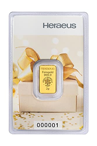 Goldbarren 2 g Geschenk - 2 Gramm Gold - Heraeus - Feingold 999.9 - LBMA Zertifiziert - NEU