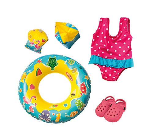 Heless 88 - Schwimm-Set für Puppen, Badeanzug, Clogs, Schwimmring und -flügel mit lustigen Bade- und Wassermotiven, Puppengröße ca. 35 - 45 cm, für Badespaß an heißen Sommertagen