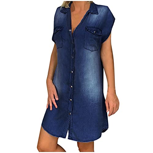 Jeanskleid Damen Knielang, Kurzarm Sommerkleid,Jeans Kleid für Damen,V-Ausschnitt T-Shirt Kleid Damenkleider Tunikakleid Shirtkleid Hemdkleid Denim Kleid Hemdkleid Freizeitkleid Strandkleid