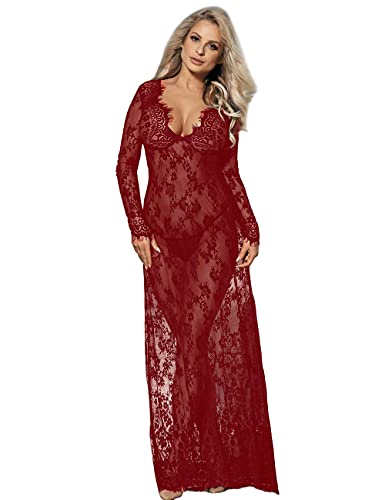 comeondear Damen Kleider Sexy Spitze Lang Langarm V-Ausschnitt Negligee Transparent Schwangerschafts Umstandskleid Reizwäsche Dessous mit G-String(Rot,3XL-4XL)