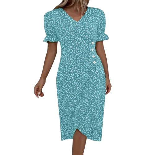 QWUVEDS Mode Lässig Damen V-Ausschnitt Taille Floral High Dress Sleeve Bedrucktes kurzes Damenkleid Damen Kleid Große Größen (240408C-Blue, XXL)