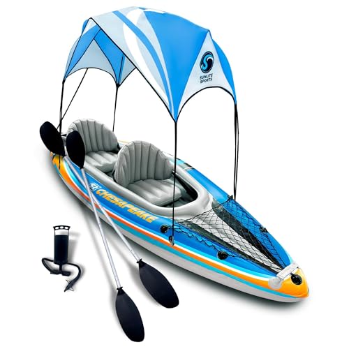 Sunlite Sports Aufblasbares Kajak für 2 Personen mit Sonnenschutz, Luftpumpe und Aufbewahrungstasche, tragbares Tandem-Kajak mit Aluminiumrudern für Seen und Flüsse