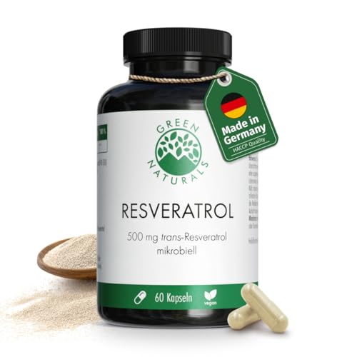 Resveratrol (60 Kapseln á 500mg) aus Hefe - Deutsche Herstellung - 100% Vegan & Ohne Zusätze - Vorrat für 2 Monate