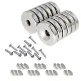 32Stk Neodym Magnete Extra Stark Set, Multifunktions Senkkopf Rundmagne Topfmagnet, Permanente Seltene Erde Magnete mit 12 Schrauben, Orbicular Magnet zum Anschrauben für Badezimmer Küchen(5mm/10mm)