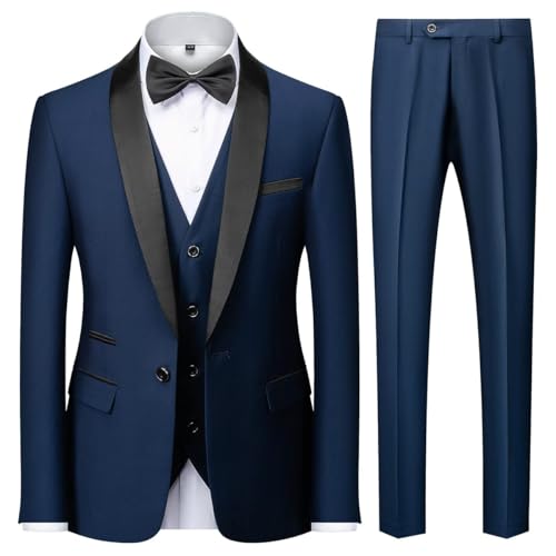 KUDMOL Herren 3 Stücke Anzug Slim Fit EIN Knopf Schal Revers für Hochzeit Prom Blazer Weste Hosen Set(Dunkelblau,M)
