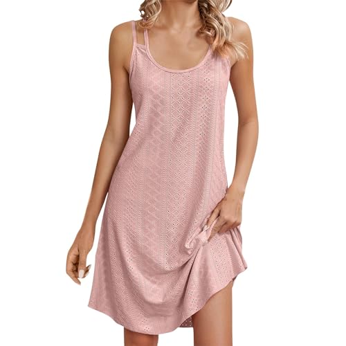 blitzangebote des Tages Summer Dress for Women Kleider für hochzeitsgäste Kleider Sommer Einfarbig Rundhals Ärmelloses Kurz Spaghettiträger Kleid Umstandsmode Kleid plisseekleid (Rosa, M)