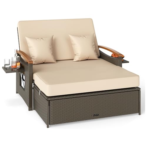 SOARS Lounge Möbel Outdoor, Rattan Gartenlounge Set mit Hocker, Gartensofa mit Liegefunktion 2 Sitzer, Balkon Lounge Set Doppelliege Outdoor Sofa, Balkonmöbel Sonneninsel platzsparend mit Stauraum