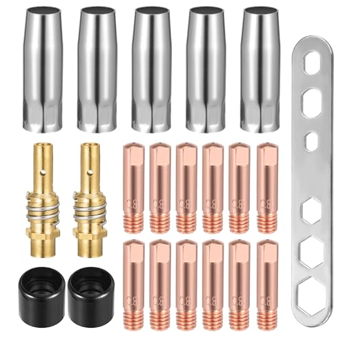 22 Stück Verschleißteile Set, Schutzgasschweißgerät Zubehör, mit 12 Stromdüse M6 0,8mm 5 x Gasdüsen, 2 x Düsenstiel, 2 x Isolatoren, 1 x Schraubenschlüssel passend AK-15/MB-15 MIG