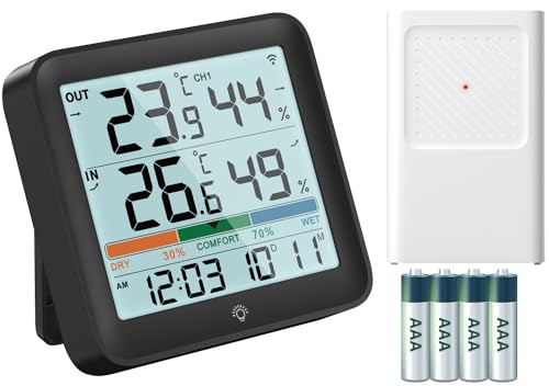 VOCOO Innen- und Außenthermometer Hygrometer Luftfeuchtigkeitsmonitor Digitales Temperaturmessgerät Wetterstationen mit LCD-Hintergrundbeleuchtung Uhr Datum Min/Max-Wertanzeige Komfortanzeige