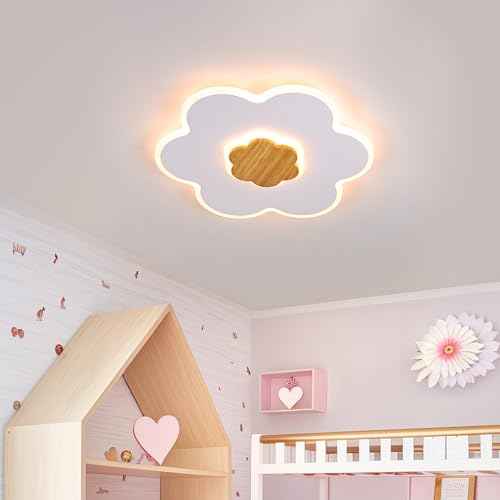LUOLONG LED Deckenleuchte Holz Kinder Deckenlampe 30cm Blumenform Kinderzimmer Deckenleuchten 3000K 20W Junge Mädchen Baby Weiß Kinder Schlafzimmer lampe Mit Nachtlichtfunktion Warmes Licht