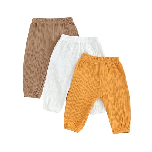 3-teilige Hose für Babys, Mädchen, Jungen, einfarbig, elastische Taille, Frühling, Herbst, lässig, weich, für Kleinkinder, Uni, für den Sommer, Weiß, Gelb, Khaki, 6-12 Monate