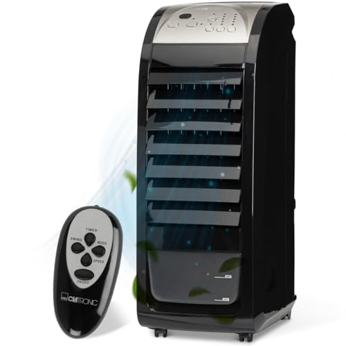 Clatronic® 4in1 Klimaanlage + Luftentfeuchter + Luftreiniger + Luftkühler | 3 Gebläsestufen | 8 Std.-Timer | 4,5 Liter Wassertank | 90° oszillierend | 4 Rollen | 70 Watt | LK 3742 schwarz