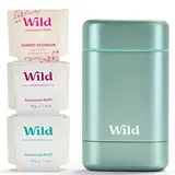 Wild - Natürliches nachfüllbares Deo - Aluminiumsalzfrei - Metallicblauer Deobehälter mit Nachfüll-Sortenpaket - Enthält Fresh Cotton & Sea Salt, Cherry Blossom, Coconut & Vanilla Düfte - Vegan