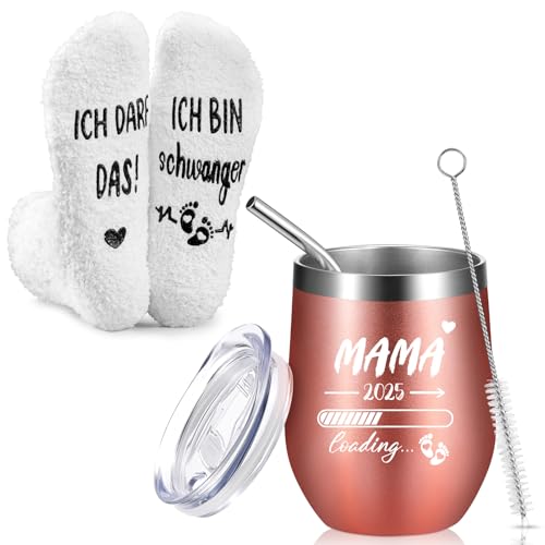 Yaryang 2 Stück Geschenke für Schwangere Werdende Mütter 12 oz Edelstahl Thermobecher Mama 2025 Loading Kaffeebecher Lustigen Socken Schwangerschaft Verkünden Geschenk für Muttertag Frauen Freundin
